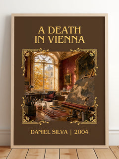 A Death in Vienna Classic Book Art Print by Daniel Silva – framed print leaning on a wooden floor