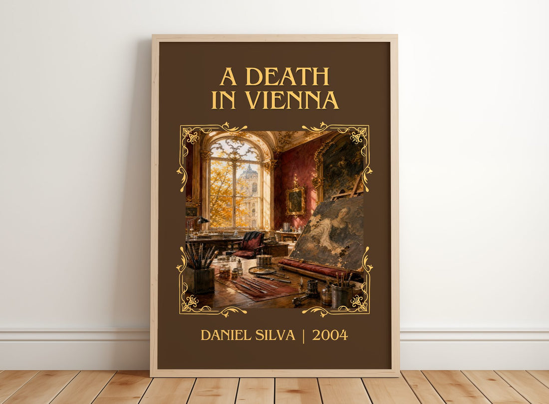 A Death in Vienna Classic Book Art Print by Daniel Silva – framed print leaning on a wooden floor