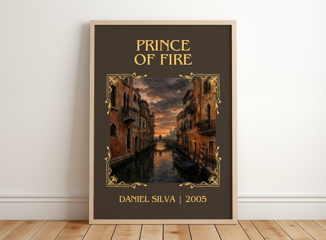 Prince of Fire Classic Book Art Print by Daniel Silva – framed print leaning on a wooden floor