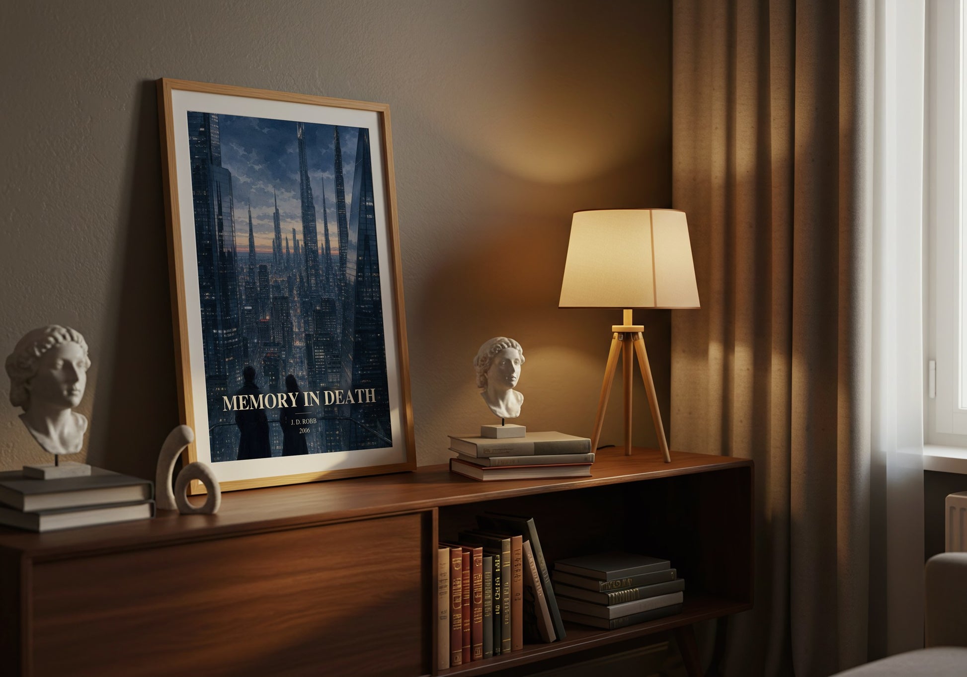 Memory In Death watercolour print on bookshelf – J. D. Robb fan gift
