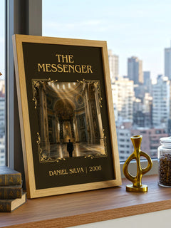 The Messenger Classic Book Art Print by Daniel Silva – framed print on a city-view windowsill
