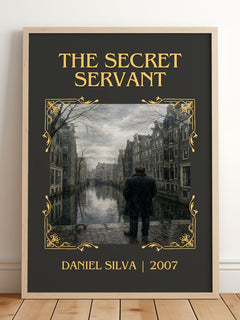 The Secret Servant Classic Book Art Print by Daniel Silva – framed print leaning on a wooden floor