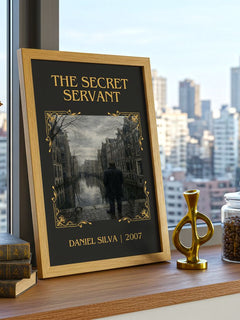 The Secret Servant Classic Book Art Print by Daniel Silva – framed print on a city-view windowsill