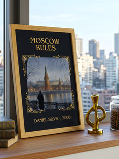 Moscow Rules Classic Book Art Print by Daniel Silva – framed print on a city-view windowsill