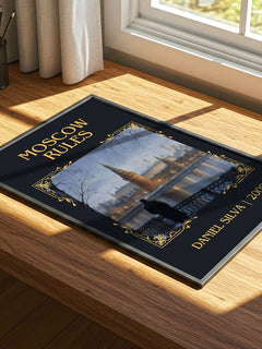 Moscow Rules Classic Book Art Print by Daniel Silva – print on a sunlit desk