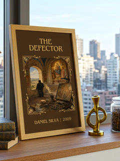 The Defector Classic Book Art Print by Daniel Silva – framed print on a city-view windowsill