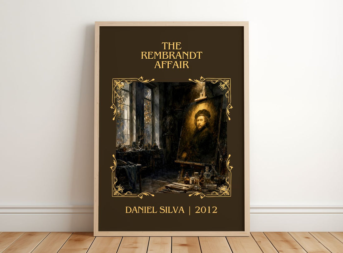 The Rembrandt Affair Classic Book Art Print by Daniel Silva – framed print leaning on a wooden floor