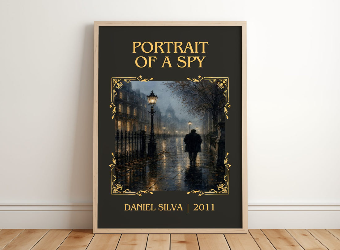 Portrait of a Spy Classic Book Art Print by Daniel Silva – framed print leaning on a wooden floor