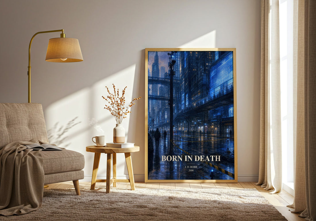 Born In Death watercolour print in frame leaning in hallway – mystery wall art (mockup)