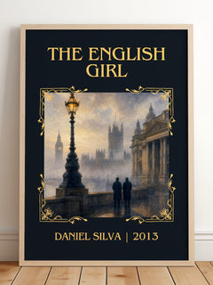 The English Girl Classic Book Art Print by Daniel Silva – framed print leaning on a wooden floor