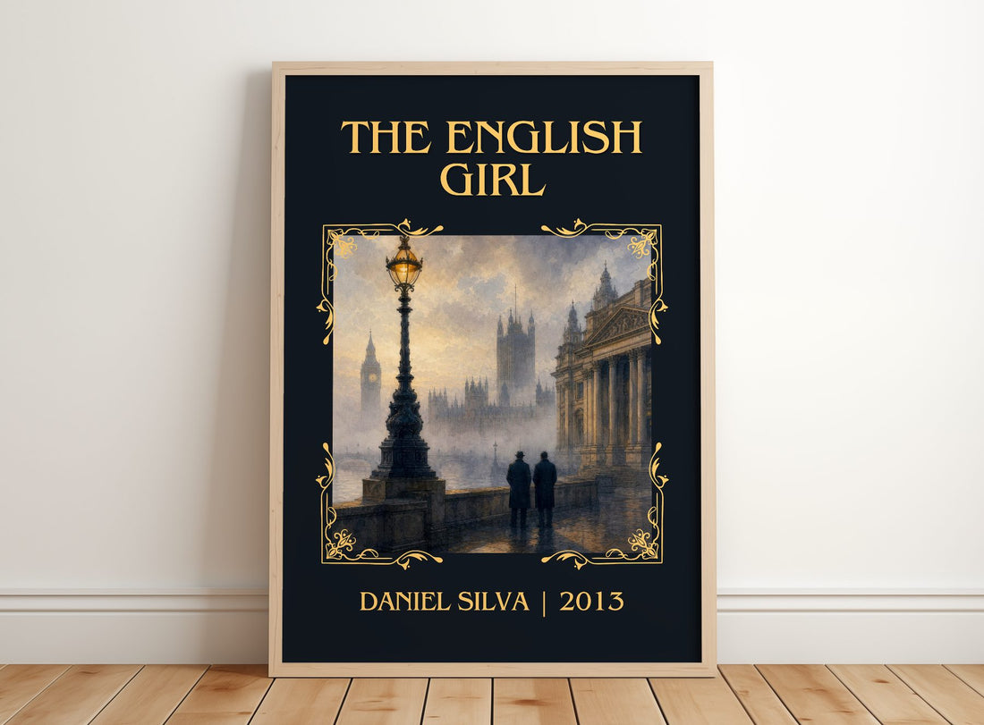 The English Girl Classic Book Art Print by Daniel Silva – framed print leaning on a wooden floor
