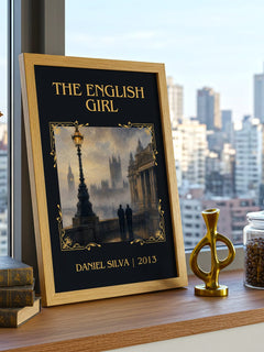 The English Girl Classic Book Art Print by Daniel Silva – framed print on a city-view windowsill