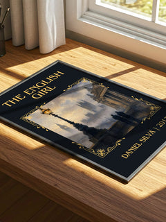 The English Girl Classic Book Art Print by Daniel Silva – print on a sunlit desk