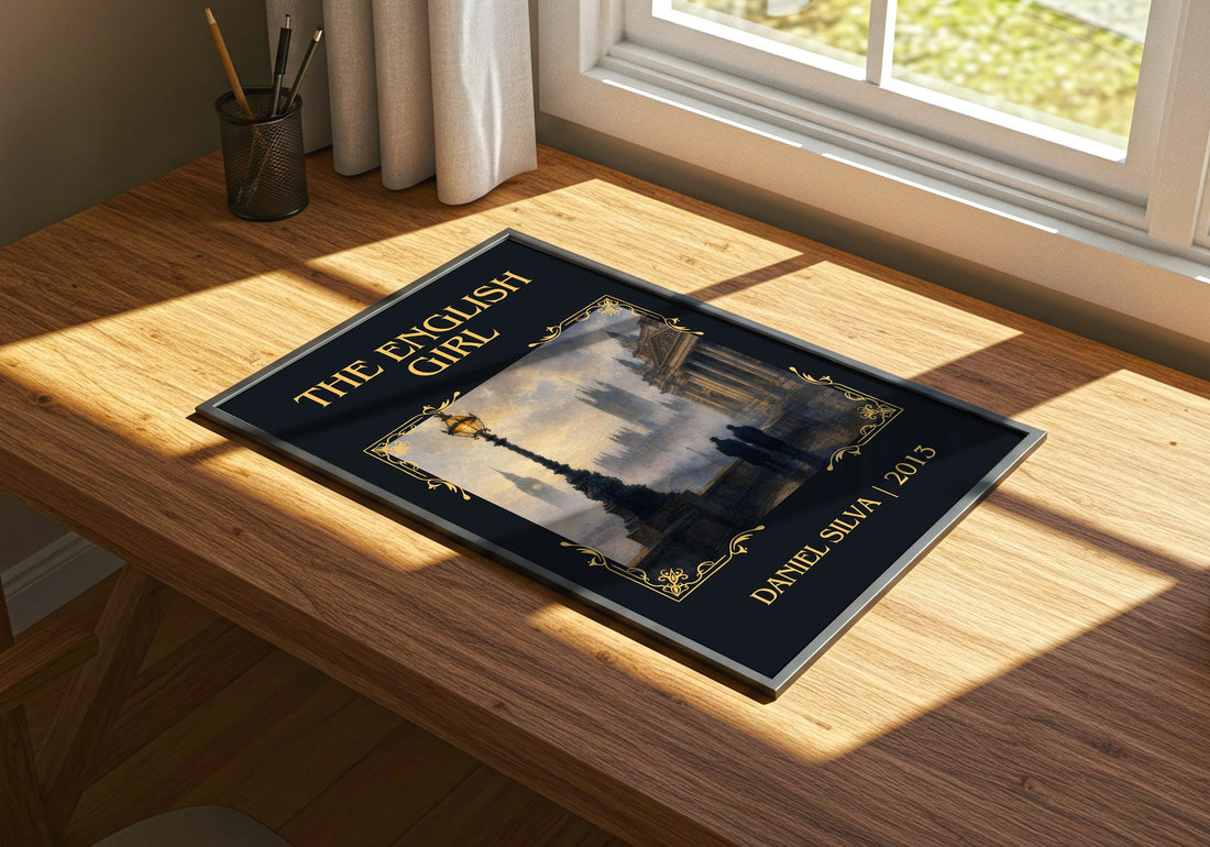 The English Girl Classic Book Art Print by Daniel Silva – print on a sunlit desk