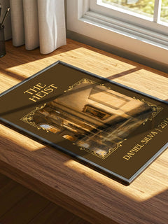 The Heist Classic Book Art Print by Daniel Silva – print on a sunlit desk