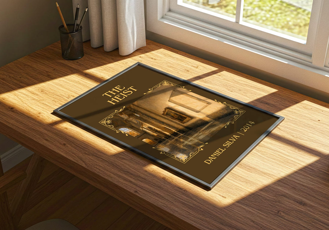 The Heist Classic Book Art Print by Daniel Silva – print on a sunlit desk
