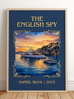 The English Spy Classic Book Art Print by Daniel Silva – framed print leaning on a wooden floor