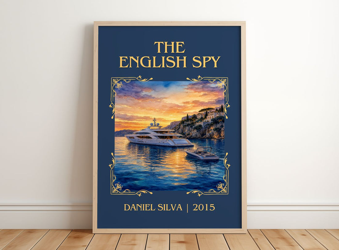 The English Spy Classic Book Art Print by Daniel Silva – framed print leaning on a wooden floor