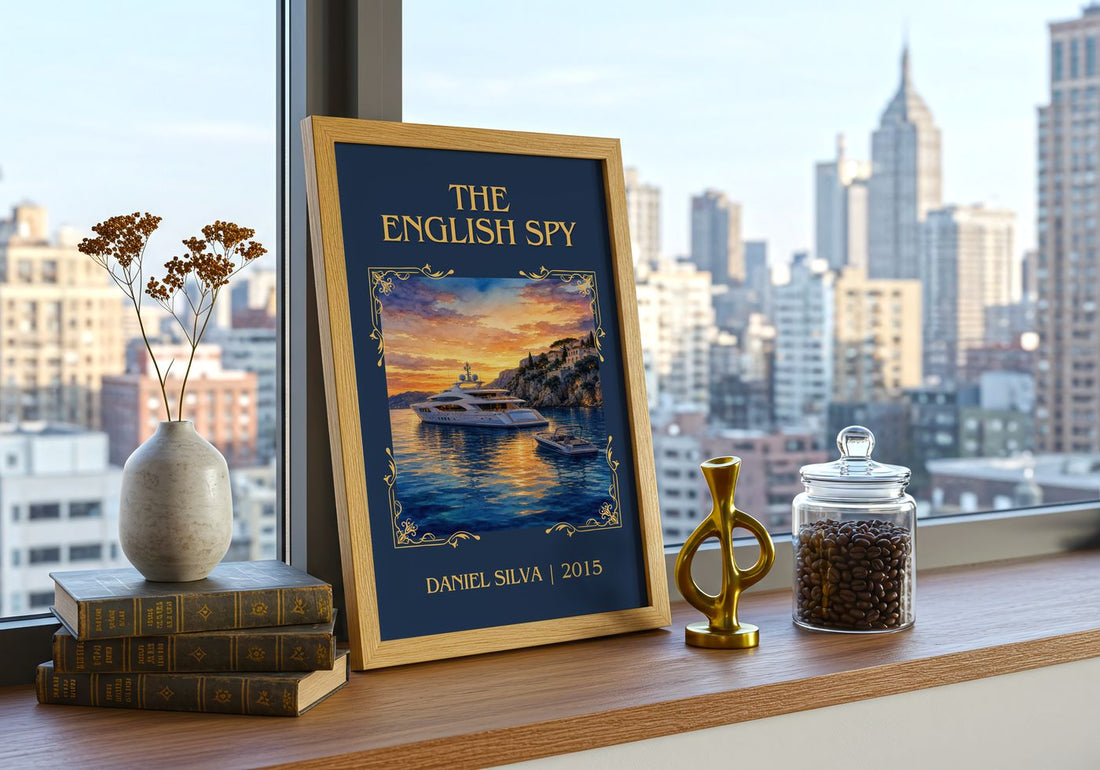 The English Spy Classic Book Art Print by Daniel Silva – framed print on a city-view windowsill