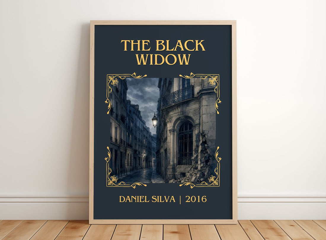 The Black Widow Classic Book Art Print by Daniel Silva – framed print leaning on a wooden floor