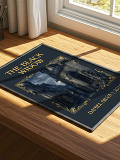 The Black Widow Classic Book Art Print by Daniel Silva – print on a sunlit desk