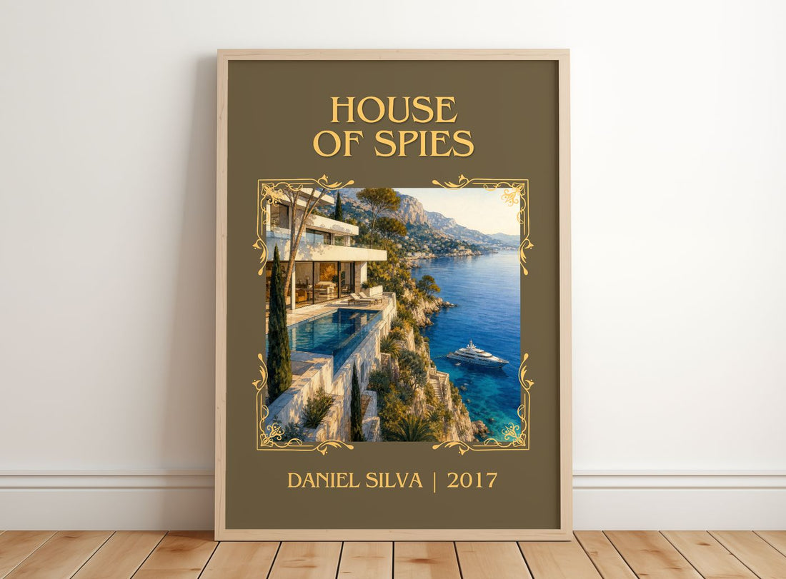 House of Spies Classic Book Art Print by Daniel Silva – framed print leaning on a wooden floor