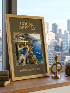 House of Spies Classic Book Art Print by Daniel Silva – framed print on a city-view windowsill