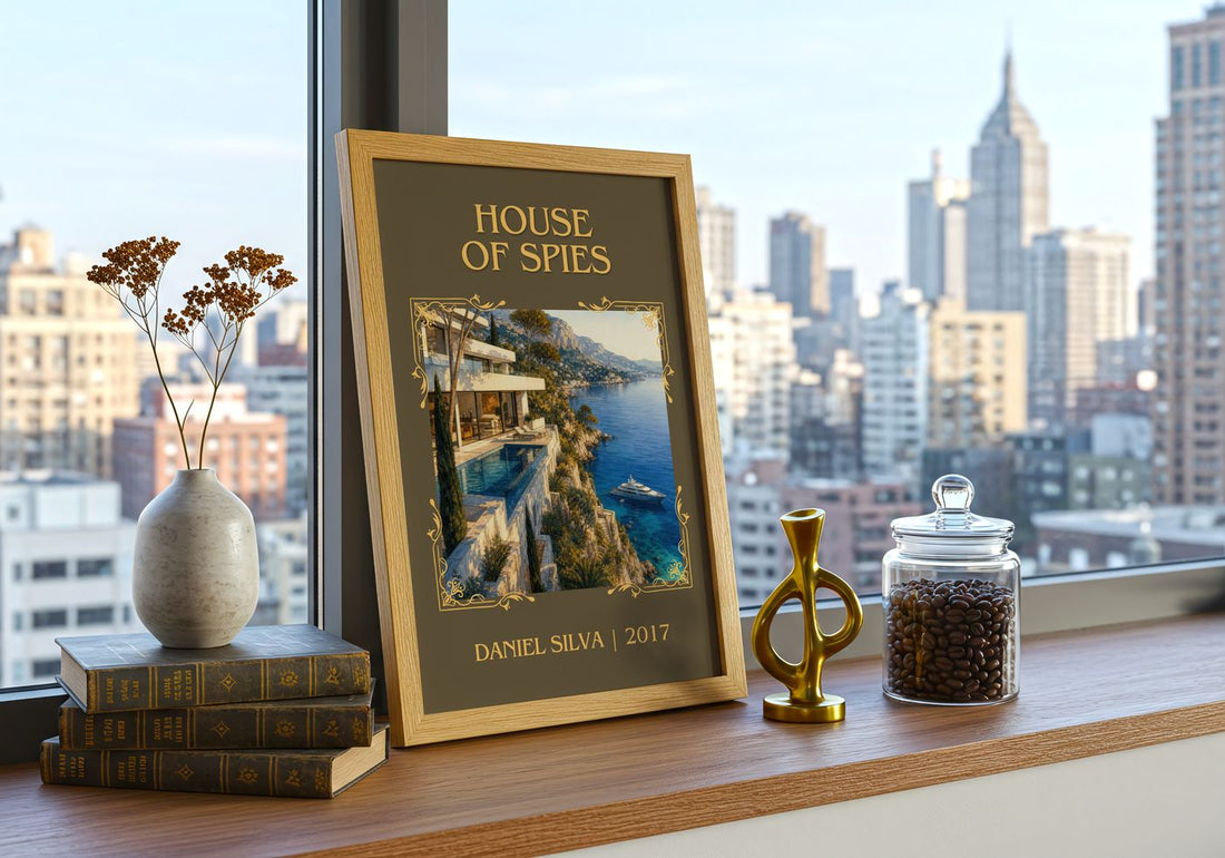 House of Spies Classic Book Art Print by Daniel Silva – framed print on a city-view windowsill