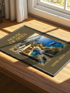 House of Spies Classic Book Art Print by Daniel Silva – print on a sunlit desk