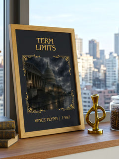 Term Limits Classic Book Art Print by Vince Flynn – framed print on a city-view windowsill