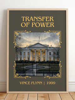 Transfer of Power Classic Book Art Print by Vince Flynn – framed print leaning on a wooden floor