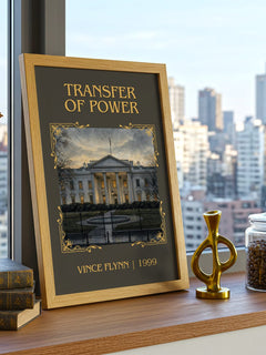 Transfer of Power Classic Book Art Print by Vince Flynn – framed print on a city-view windowsill
