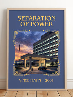 Separation of Power Classic Book Art Print by Vince Flynn – framed print leaning on a wooden floor