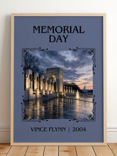 Memorial Day Classic Book Art Print by Vince Flynn – framed print leaning on a wooden floor