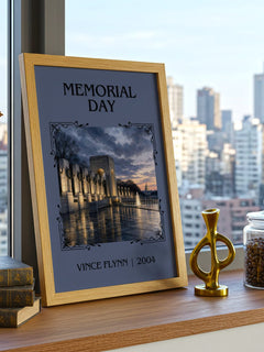 Memorial Day Classic Book Art Print by Vince Flynn – framed print on a city-view windowsill