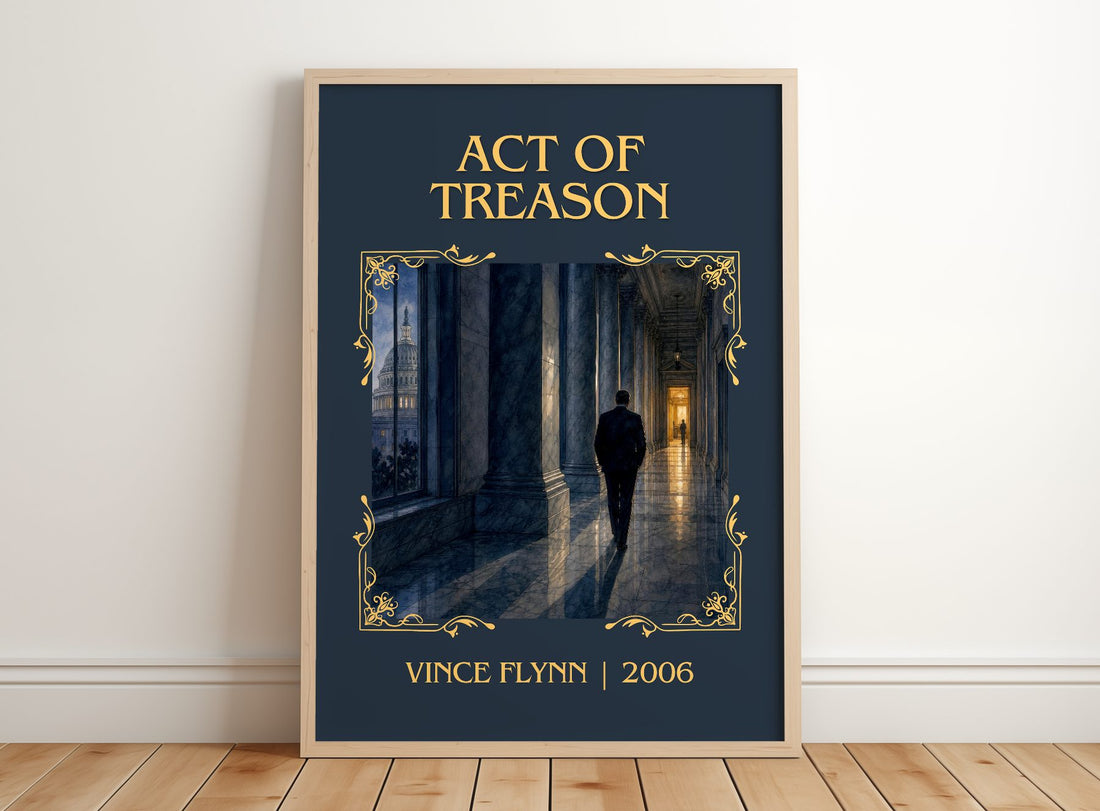 Act of Treason Classic Book Art Print by Vince Flynn – framed print leaning on a wooden floor
