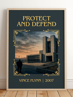 Protect and Defend Classic Book Art Print by Vince Flynn – framed print leaning on a wooden floor