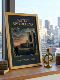 Protect and Defend Classic Book Art Print by Vince Flynn – framed print on a city-view windowsill