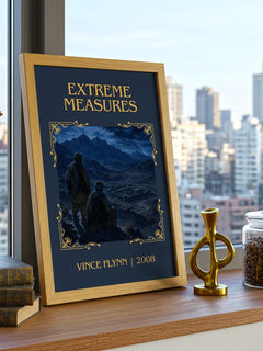 Extreme Measures Classic Book Art Print by Vince Flynn – framed print on a city-view windowsill