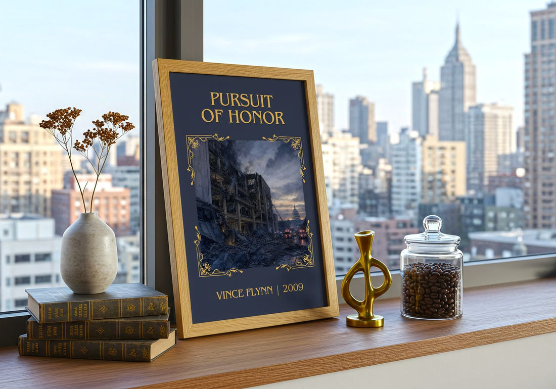 Pursuit of Honor Classic Book Art Print by Vince Flynn – framed print on a city-view windowsill