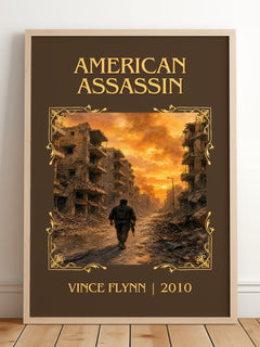 American Assassin Classic Book Art Print by Vince Flynn – framed print leaning on a wooden floor