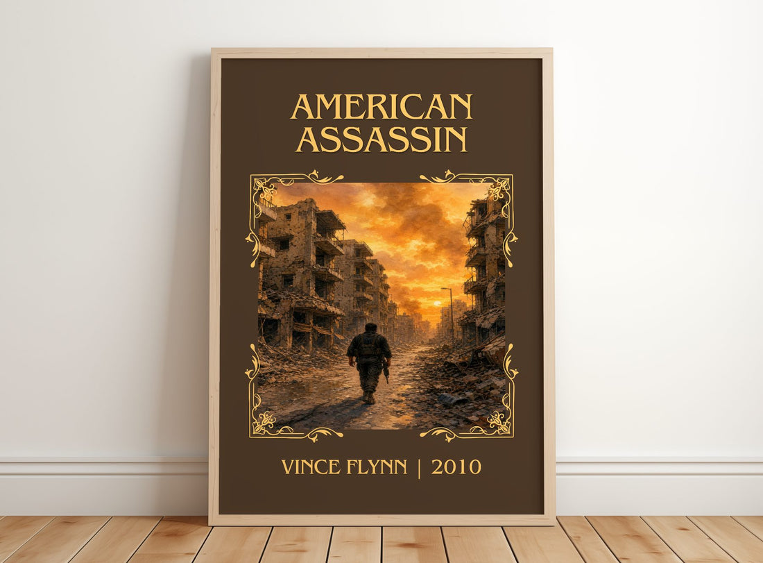 American Assassin Classic Book Art Print by Vince Flynn – framed print leaning on a wooden floor