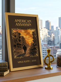 American Assassin Classic Book Art Print by Vince Flynn – framed print on a city-view windowsill