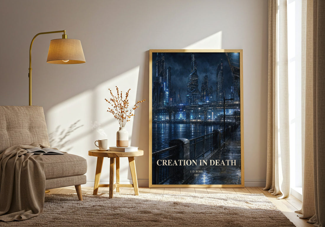 Creation In Death watercolour print in frame leaning in hallway – thriller wall art (mockup)