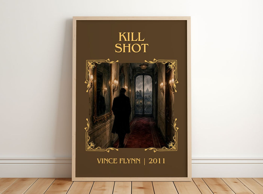Kill Shot Classic Book Art Print by Vince Flynn – framed print leaning on a wooden floor