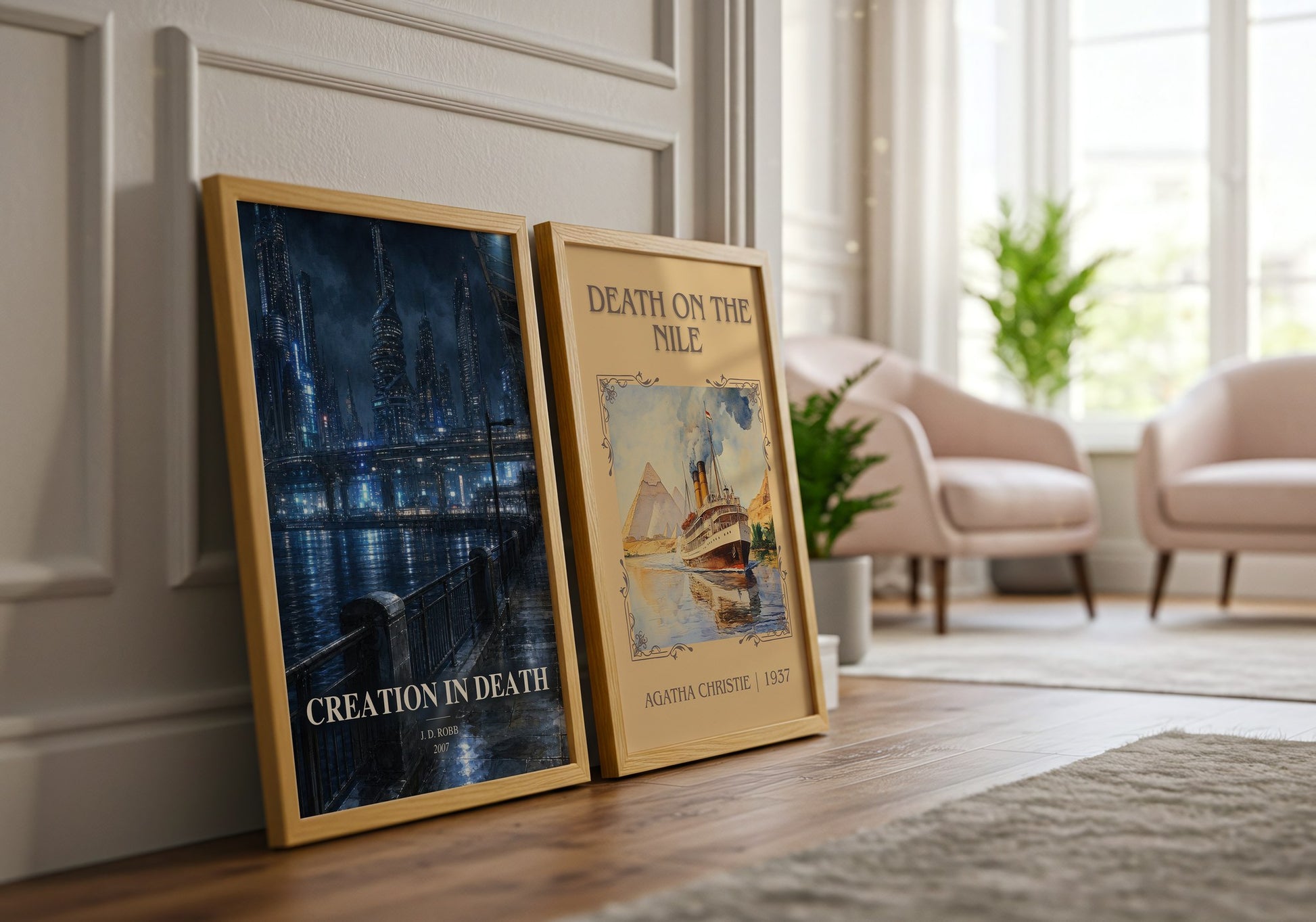Creation In Death watercolour print framed by window – literary home decor