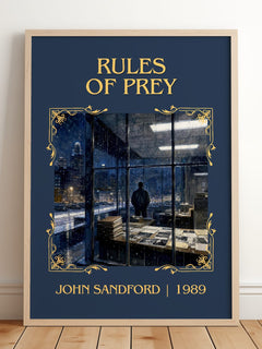 Rules of Prey Classic Book Art Print by John Sandford – framed print leaning on a wooden floor