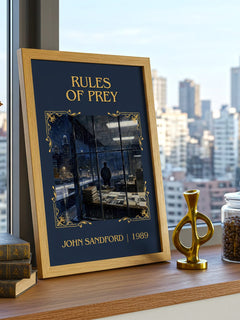 Rules of Prey Classic Book Art Print by John Sandford – framed print on a city-view windowsill