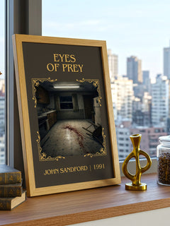 Eyes of Prey Classic Book Art Print by John Sandford – framed print on a city-view windowsill