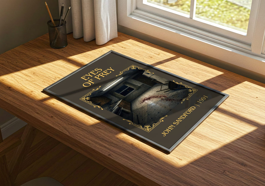 Eyes of Prey Classic Book Art Print by John Sandford – print on a sunlit desk
